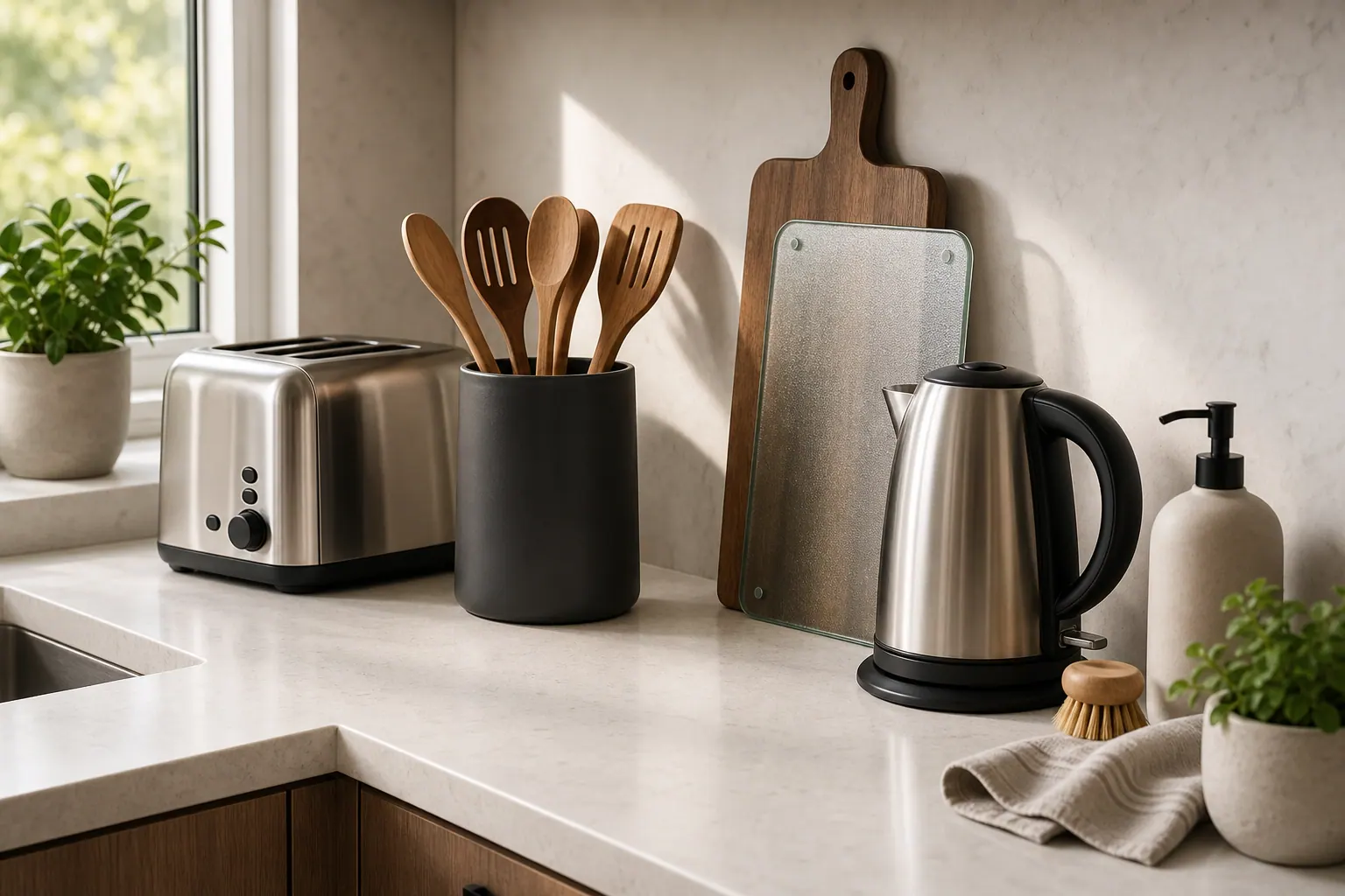 Organized compact kitchen appliances and cooking tools on a bright counter
